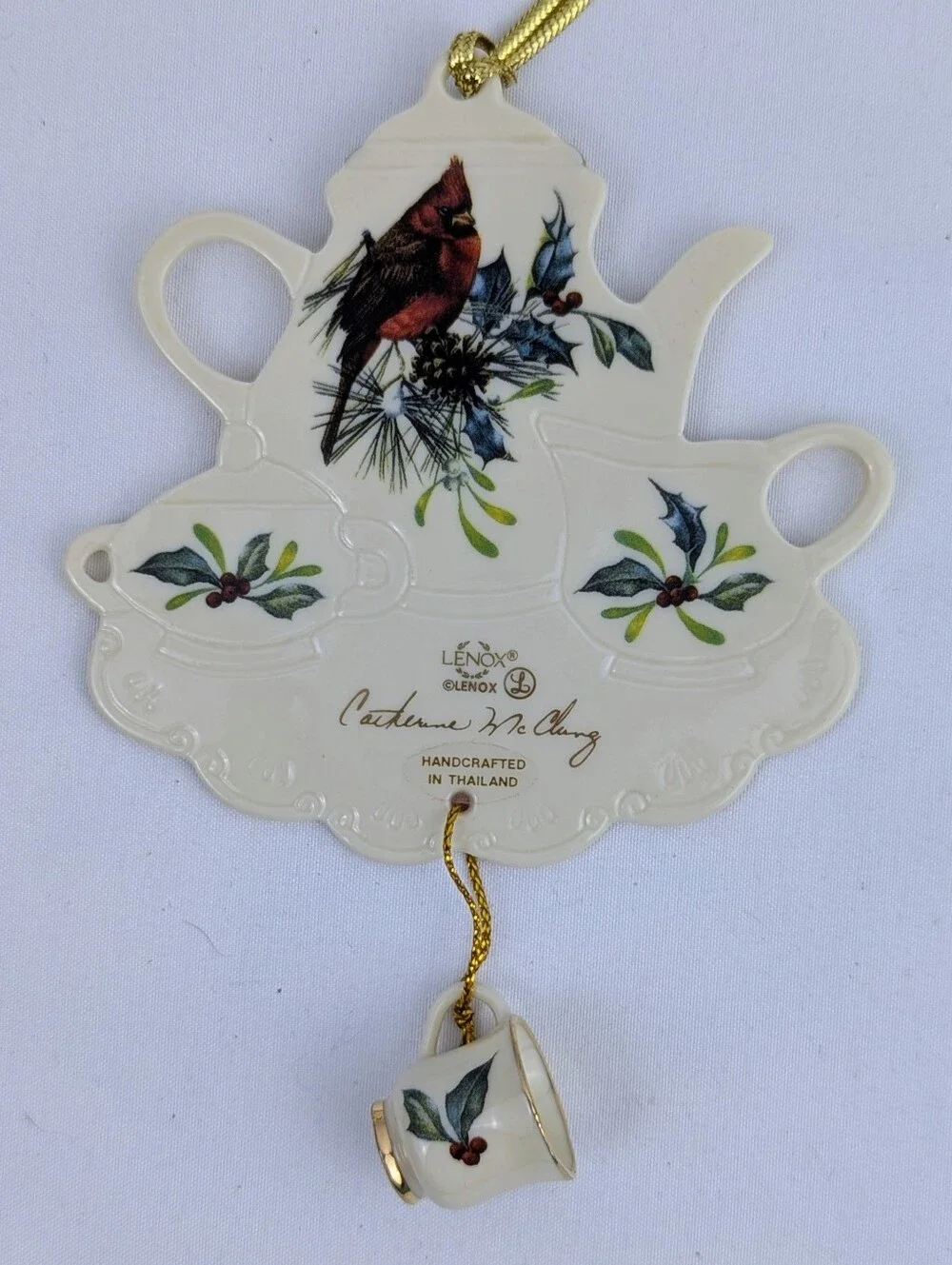 Lenox Cardinal On Pine Boughs & Holly Tea Theme Holiday Christmas Ornament